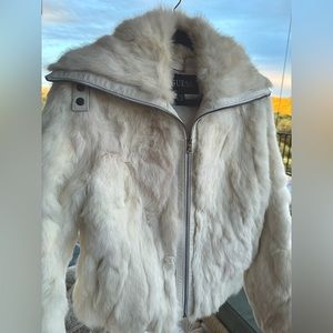 Guess Vintage Rabbit Fur & Leather Creamy White Collar cropped coat M jacket